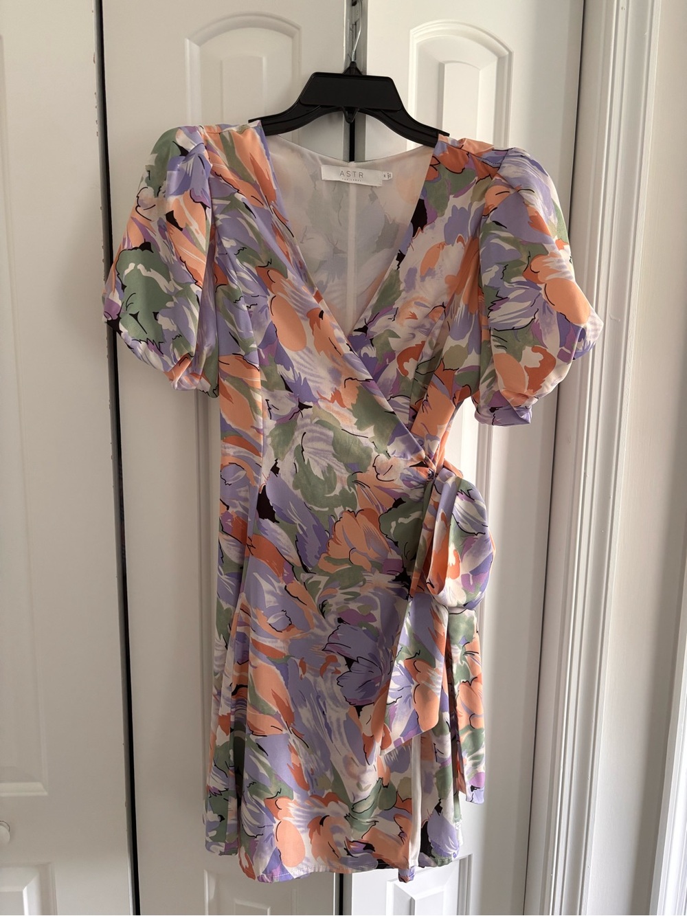 ASTR Lavender Peach Floral Wrap Mini Dress